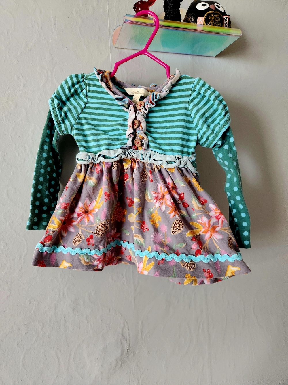 Matilda Jane Teal Striped & Floral Long Sleeve Dress with Polka Dot Sleeves
